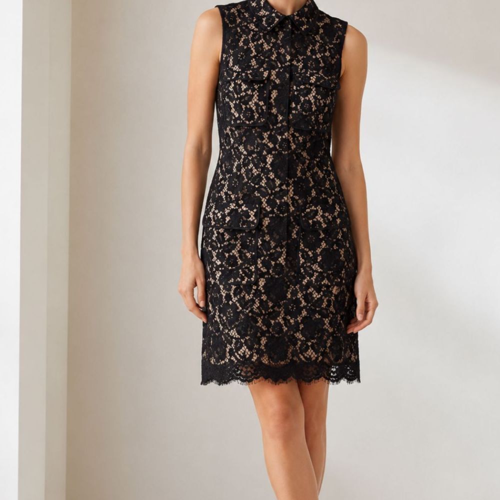 J.Crew Black Lace Cocktail Dress Scalloped Hem Nude Lining Sleeveless 8 Feminine
